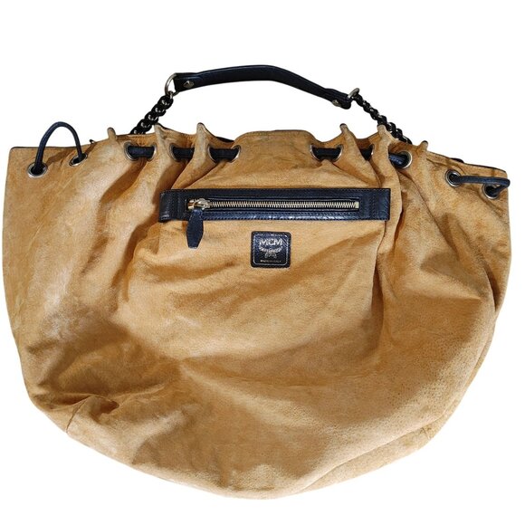 MCM Hobo Handbag Aren Extra Large Drawstring Black Leather Dual Handle Italy COA - Picture 8 of 16